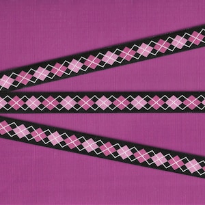 May include: Three black and white ribbon with pink and white diamond patterns on a pink background.