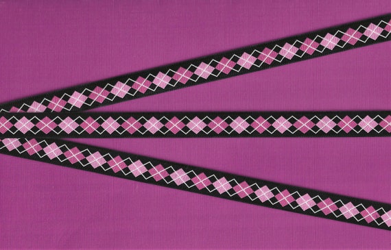 PLAIDS B-02-A Jacquard Ribbon Poly Trim, 1/2" Wide (13mm) Douglas Paquette, Black Background w/Pink Tones in an Argyle Design, REMNANTS