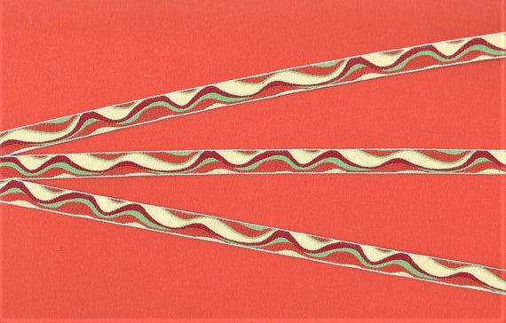 GEOMETRIC A-18-C Jacquard Ribbon Polyester Trim 3/8" wide (9mm) Cream Background w/Pumpkin Orange, Red & Spring Green Wave Design
