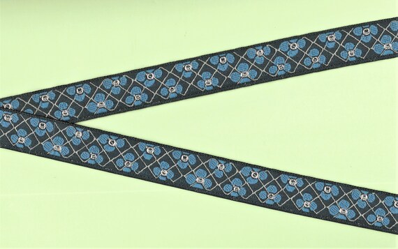 FLORAL D-37-A Jacquard Ribbon Poly Trim 3/4" wide (20mm) Dark Teal Background w/Blue Flowers, Mint Green Lattice, White Accents