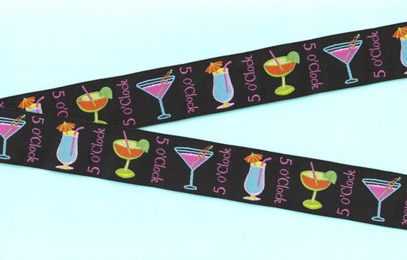 NOVELTY G-04-B Jacquard Ribbon Poly Trim 1-1/8" wide (28mm) Black w/Mixed Drinks "5 O'clock" (Somewhere)