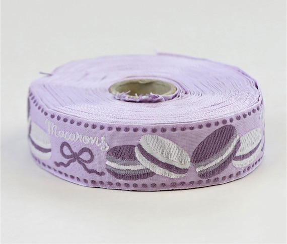 KAFKA F-09/03 Jacquard Ribbon Woven Organic Cotton Trim 1" wide (25mm) PARIS Collection - White w/Purple & Lilac Macaroon Cookies!