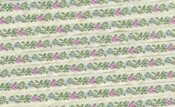 FLORAL A-08-K Jacquard Ribbon Poly Woven Trim, 3/8" Wide (9mm) Lt Cream Background w/Petite Pink & Turq Flowers Olive Green Leaves, Per Yard