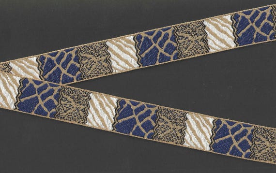 GEOMETRIC G-36-B Jacquard Ribbon Cotton Trim 1-1/8" wide (28mm) Vintage, Block Design of Animal Prints in Ivory, Navy, Coffee & Black