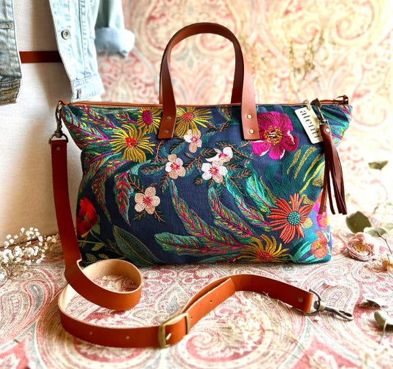 ATENTI Handmade Bags "FLORA" Embroidered Tapestry Pattern Floral Bag, Needle Arts Organizer Bag, Carry-On Luggage, Diaper Bag, USA Made