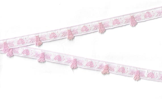 INSECTS C-07-D Jacquard Ribbon Cotton Trim 5/8" wide (16mm) VINTAGE RARE Made in France, White w/Pink Fringed Bumble Bees & Hives