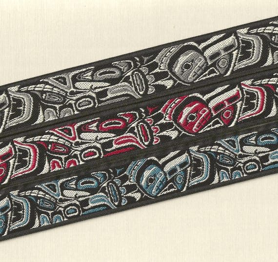 NATIVE AMERICAN Jacquard Ribbon/Nylon Web 1" wide (25mm) Key Fobs Tlingit/Haida Totem Design w/Charms, Keychain Luggage Tags 5.5" long