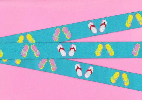 NOVELTY/Beach Jacquard Ribbon Poly Trim 7/8" wide (22mm) Turquoise Background w/Multi-Colored Flip Flops/Sandals