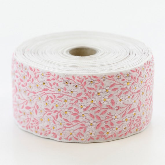 KAFKA K-02/10 Jacquard Ribbon Woven Organic Cotton Trim 2" wide (50mm) White w/Pink & Metallic Gold Forget-Me-Nots, Pink Leaves