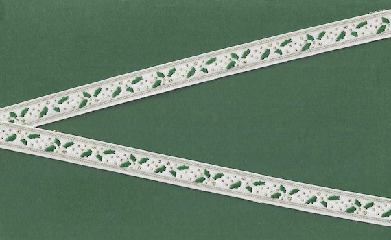 HOLIDAY C-46-A Jacquard Ribbon Poly Trim 5/8" wide (16mm) White w/Green Holly Leaves & Gold Metallic