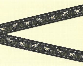 ANIMALS/Farm E-05-A Jacquard Ribbon Woven Polyester Trim 7/8" Wide (22mm) Cream & Gray Horses w/Olive Green Trees on Black