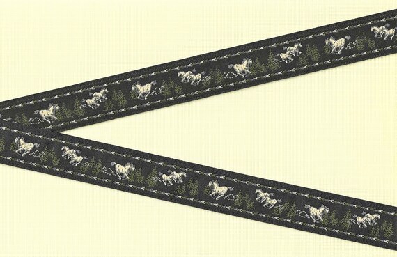ANIMALS/Farm E-05-A Jacquard Ribbon Woven Polyester Trim 7/8" wide (22mm) Cream & Gray Horses w/Olive Green Trees on Black
