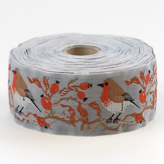 KAFKA H-05/04 Jacquard Ribbon Woven Organic Cotton Trim 1-5/8" wide (42mm) Lt. Gray w/Robins, Rose Hip Berries, Branches & Leaves