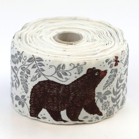 KAFKA L-05/01 Jacquard Ribbon Woven Organic Cotton Trim 2-3/8" wide (60mm) Ivory with Dark Brown Bears, Gray Leaves/Vines & Brown Bumblebees
