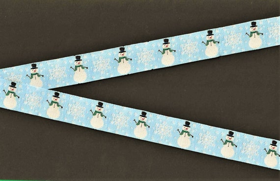 SNOWMAN E-02-A Jacquard Ribbon Polyester Trim 7/8" wide (22mm) Sky Blue Background w/Snowmen in Top Hats, Green Scarves, Large Snowflakes