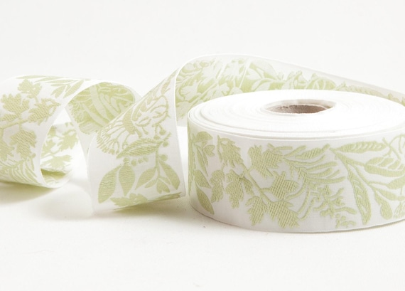 KAFKA G-23/01 Jacquard Ribbon Woven Organic Cotton Trim 1-1/4" wide (32mm) White Background w/Pastel Green Herbs, French Country