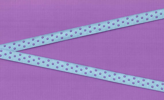 POLKA DOTS B-22-A Jacquard Ribbon Poly Trim 1/2" wide (13mm) Pale Blue w/Lilac Dots