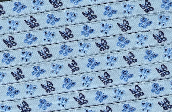 INSECTS B-03-D Jacquard Ribbon Polyester Trim 1/2" wide (13mm) Pale Blue Background w/Butterflies in Shades of blue