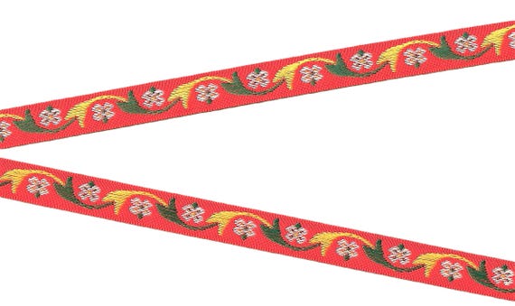 HOLIDAY C-13-A Jacquard Ribbon Poly Trim 5/8" wide (16mm) Red w/White Flowers, Green & Yellow Cornucopia Horns