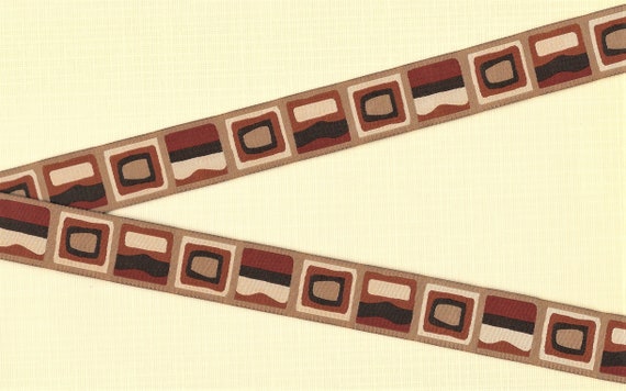 GEOMETRIC E-43-A Jacquard Ribbon Trim Poly Trim 7/8" wide (22mm) "Wood Squares" Block Design in Cream, Brown & Rust, Per Yard