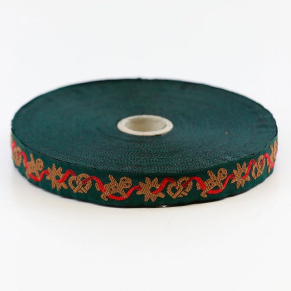 KAFKA C-02/06 Jacquard Ribbon Woven Organic Cotton Trim 5/8" wide (16mm) Green w/Gingerbread Men Pretzels & Cookies, Red Garland Ribbons