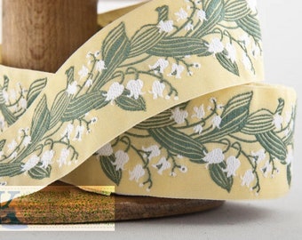 KAFKA H-02/02 Jacquard Ribbon Woven Organic Cotton Trim 1-1/2" wide (38mm) Yellow w/White Lilies of the Valley, Green Leaves