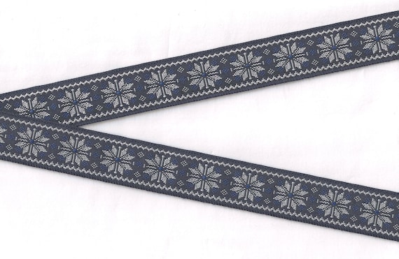 SNOWFLAKES F-02-A Jacquard Ribbon Woven Poly Trim 1" wide (25mm) Dark Blue Background w/Navy Blue accents, Nordic Style White Snowflakes