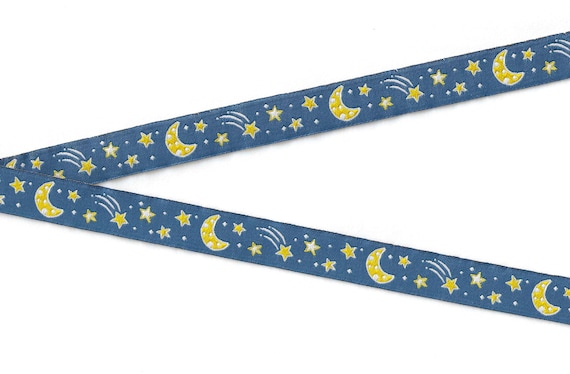 CHILDREN's C-13-B Jacquard Ribbon Poly Trim 5/8" wide (16mm) From France, Navy w/Yellow & White Moons and Stars REMNANT