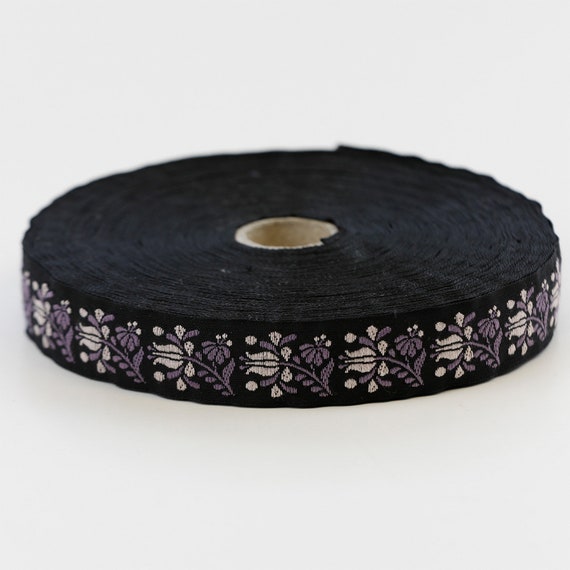 KAFKA D-04/02 Jacquard Ribbon Woven Organic Cotton Trim 3/4" wide (20mm) Black Background w/Lilac & Purple "Frida" Flowers