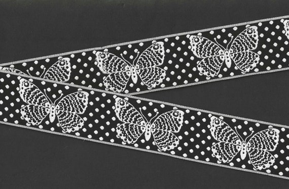INSECTS H-04-A Jacquard Ribbon Polyester Trim 1-1/2" Wide (38mm) Black Background & White Polka Dots w/Large White Butterflies, Per Yard