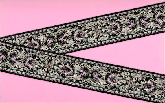 FLORAL TAPESTRY H-02-A Jacquard Ribbon Poly Trim, 1-3/8" Wide (34mm) Petit Point Style Victorian Black w/Pink Flowers Green Leaves, Per Yard