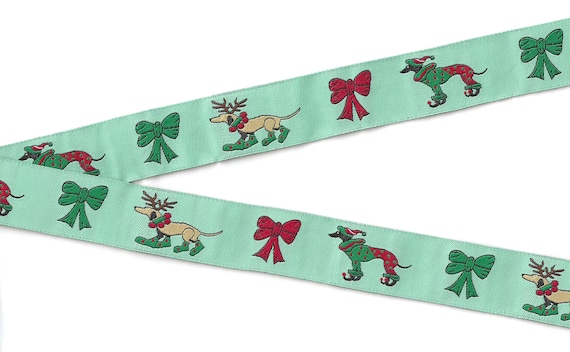 HOLIDAY F-07-B Jacquard Ribbon Poly Trim 15/16" wide (24mm) Mint Green w/Dogs & Holiday Bows