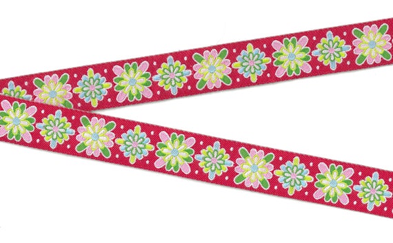 HOLIDAY E-29-C Jacquard Ribbon Polyester Trim 7/8" wide (22mm) Dena Designs, Holiday Motif in Red w/Pink, Blue, Green & Lime Accents
