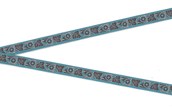 B-DP-02f FLORAL Jacquard Ribbon Poly Trim, 1/2" Wide (13mm) Douglas Paquette, Teal Blue Background w/Brown Leaves White Accents, Per Yard