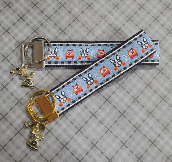 Jacquard Ribbon/Nylon Web 1" wide (25mm) Key Fobs BOSTON TERRIER on the Phone w/Charms, Keychain, Wristlet, Luggage Tags 5.5" long