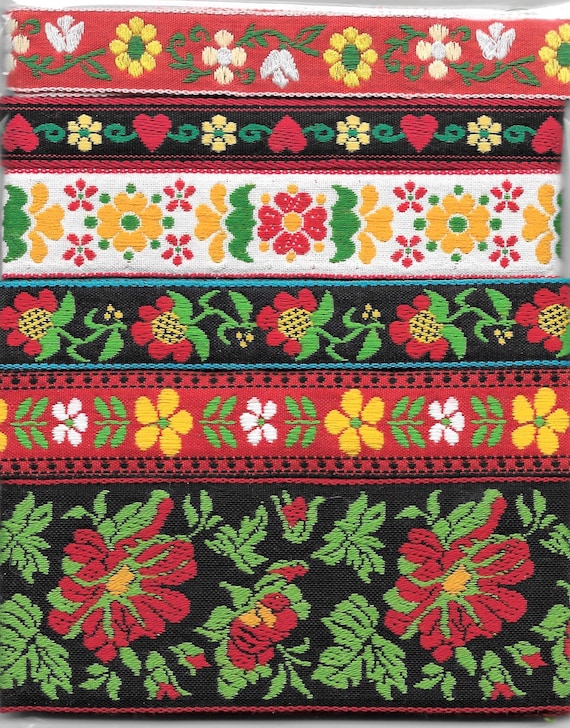 RIBBON PAK-36 Jacquard Ribbon Woven Cotton Trims 1yd lengths of 6 Floral Vintage Designs in Black, Red, Yellow, Green & White