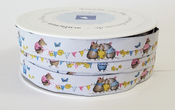 DANIELA DRESCHER Animals Jacquard Ribbon Woven Trim 5/8" wide (16mm) From Germany, White Background "Summer Mice" in Blue, Pink & Yellow