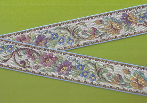 FLORAL TAPESTRY M-08-A Jacquard Ribbon Polyester Trim 2-1/4" wide (57mm) Gray Background w/Muted Shades of Blue, Plum, Golden-Yellow & Green