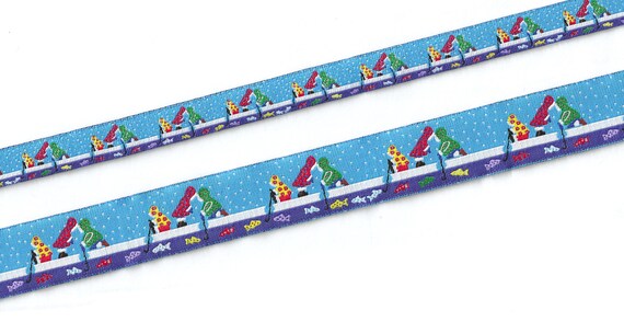 CHILDREN's RDS 15-A Jacquard Ribbon Poly Trim "Ice Fishing" Blue w/Fish & Children in 1/2" (13mm) or 7/8" (22mm), Width/Length Options