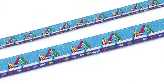 RDS 15-A Jacquard Ribbon Poly Trim "Ice Fishing" Blue w/Multi-Colored Fish & Children, 1/2" (13mm) or 7/8" (22mm) Width/Length Options