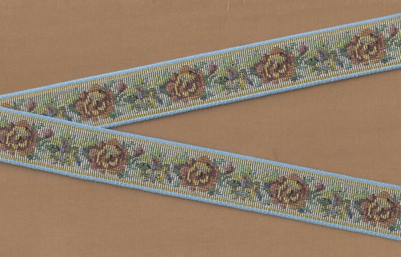 FLORAL TAPESTRY F-21-E Jacquard Ribbon Trim Cotton Trim 1-1/8" wide (28mm) "Petit Point" Design in Blue, Gray, Brown, Green