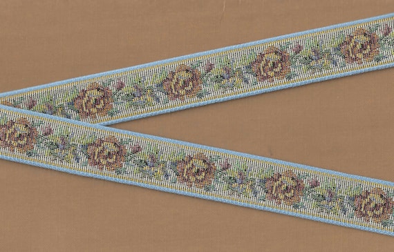 FLORAL TAPESTRY F-21-E Jacquard Ribbon Trim Cotton Trim 1-1/8" wide (28mm) "Petit Point" Design in Blue, Gray, Brown, Green