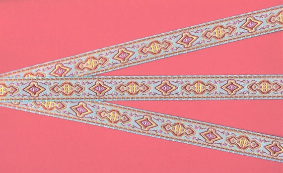 GEOMETRIC C-06-G Jacquard Ribbon Polyester Trim 5/8" Wide (16mm) Lt. Blue Background w/Red, Yellow & Lilac Medieval Renaissance