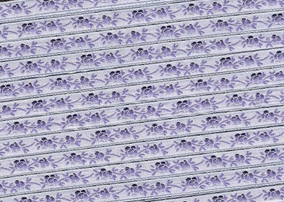 FLORAL A-01-H Jacquard Ribbon Rayon Trim 5/16" wide (10mm) RARE From France Pastel Blue w/Variegated Purple Flowers & Leaves
