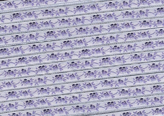 FLORAL A-01-H Jacquard Ribbon Rayon Trim, 5/16" wide, RARE, Made in France, Pastel Blue w/Variegated Purple Flowers & Leaves