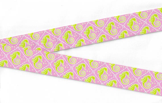 ANIMALS/Water G-22-A Jacquard Ribbon Poly Trim 1-1/8" wide (28mm) Pink w/Lime Seahorses