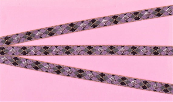 GEOMETRIC B-25-A Jacquard Ribbon Polyester Trim 1/2" wide (13mm) RARE Made in France, Argyle Pattern in Pink, Lilac, Purple & Gray Tones