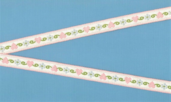 HEARTS/FLOWERS C-11-A Jacquard Ribbon Cotton Trim 5/8" wide (16mm) VINTAGE from Germany Off-White w/Peach Hearts, Blue Flowers Green Scrolls