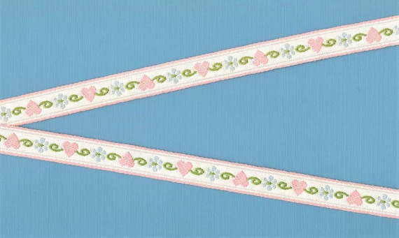 HEARTS/FLOWERS C-11-A Jacquard Ribbon Cotton Trim 5/8" wide (16mm) VINTAGE from Germany Off-White w/Peach Hearts, Blue Flowers Green Scrolls