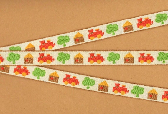 CHILDREN's D-02-C Jacquard Ribbon Vintage Cotton Trim 3/4" wide (20mm) Ivory Background Orange Trains, Brown Houses, Green Trees